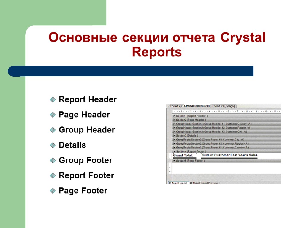 Основные секции отчета Crystal Reports Report Header Page Header Group Header Details Group Footer
